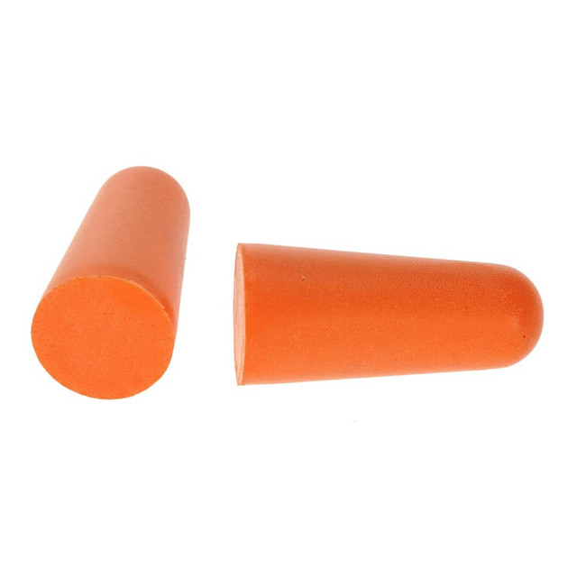 Two orange PU foam ear plugs displayed, one standing upright and one lying flat. The image includes branding.