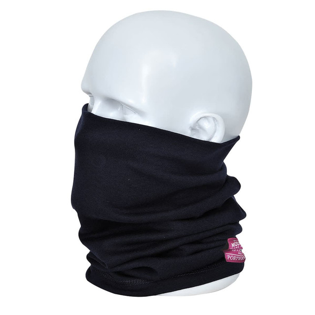 A black antistatic neck tube displayed on a white mannequin head, featuring a branding logo.