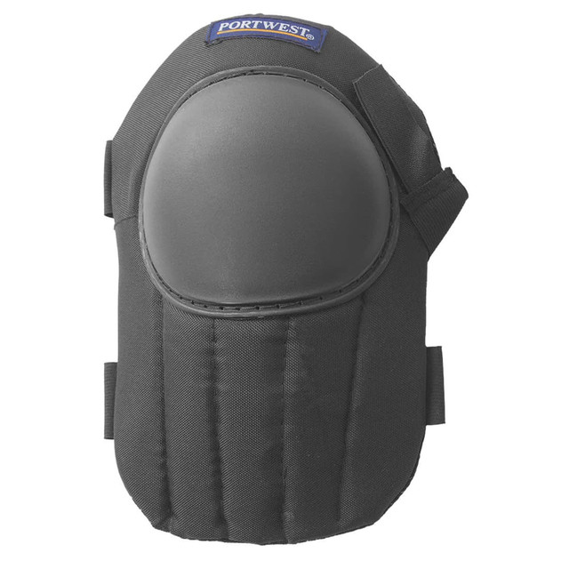 A black lightweight kneepad featuring a padded surface and adjustable straps, with a logo at the top.