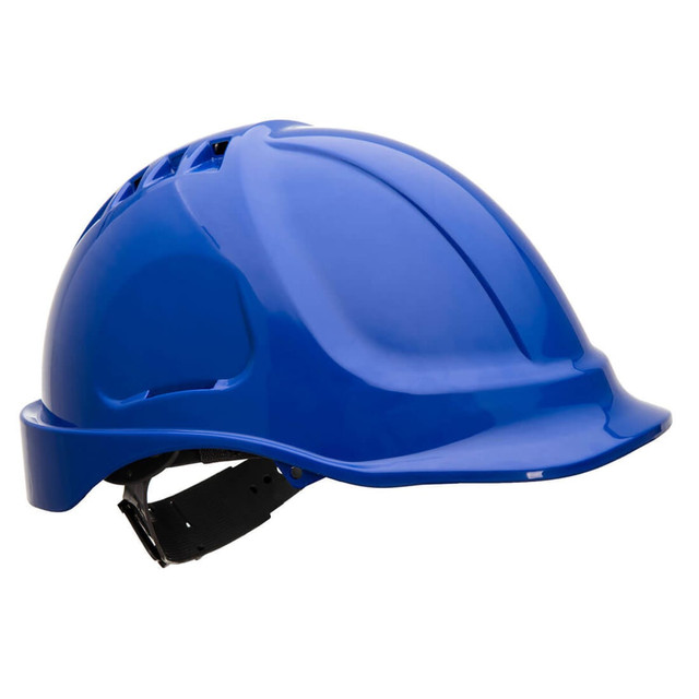 A blue safety helmet with ventilation slots and an adjustable chin strap, featuring a logo on the side.