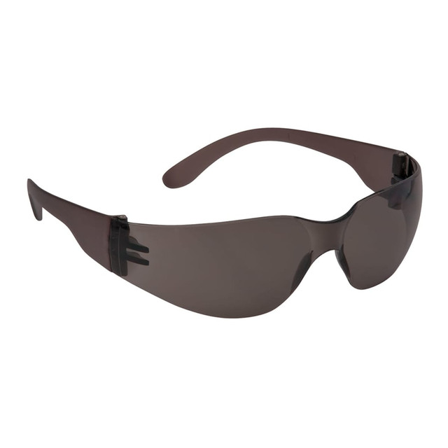 A pair of wrap-around sunglasses with dark lenses and brown frames. Features a logo on the side.