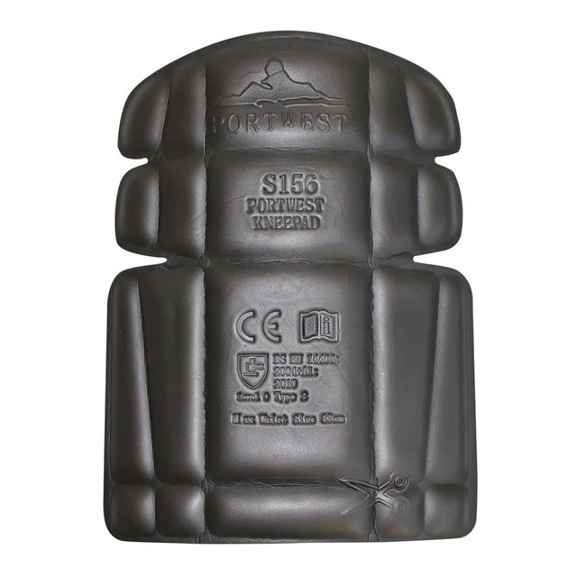 A pair of black knee pads with a contoured design and an embossed logo.