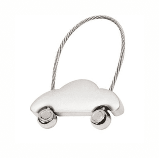 A silver car-shaped bottle opener with a wire handle, featuring round wheels at the base.