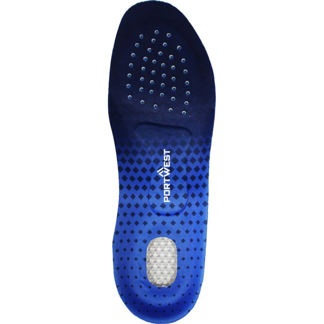 A blue insole with textured surface and a logo, designed for ultimate comfort.