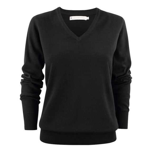 A black women's V-neck sweater with long sleeves and ribbed cuffs, featuring a small logo.