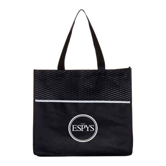 A black shopping tote bag featuring a textured upper and a circular logo at the centre.