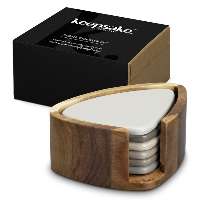 A set of five triangular grey coasters nestled in a wooden holder, packaged in a sleek black box with a logo.