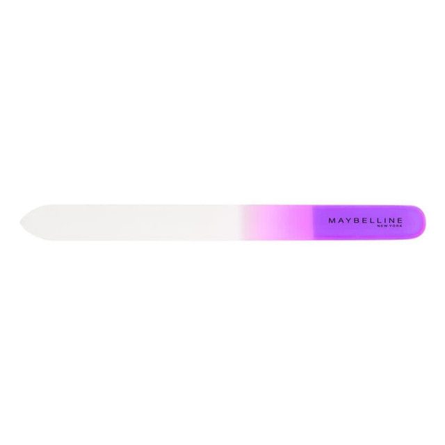 A glass nail file with a gradient design in purple and white, featuring a logo.