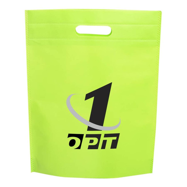 A bright lime green non-woven gift bag with a handle and a logo printed on the front.