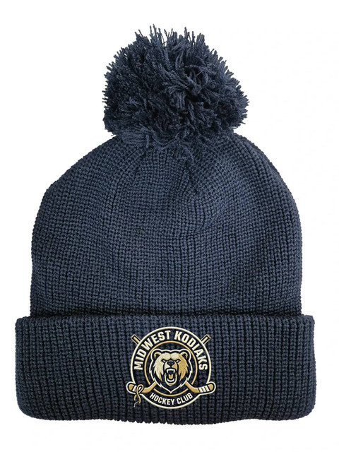 A navy knitted beanie with a pom pom on top and a logo on the front.