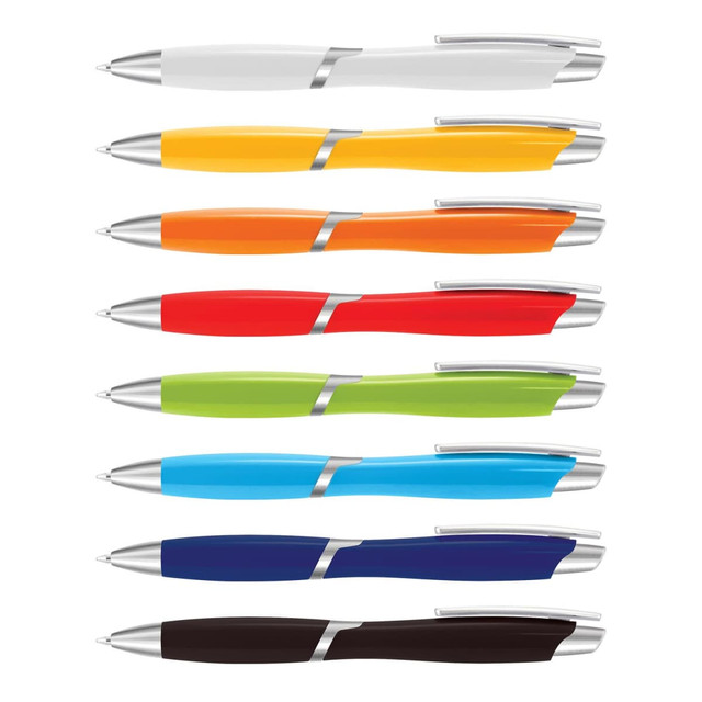A collection of eight plastic pens in white, yellow, orange, red, green, blue, navy, and black, featuring a silver accent.