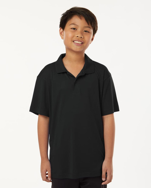 A youth black polo shirt with a collar and short sleeves, featuring a logo.