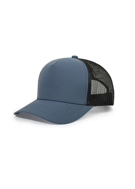 A blue trucker cap with a mesh black back and a curved peak. It features a logo on the front.