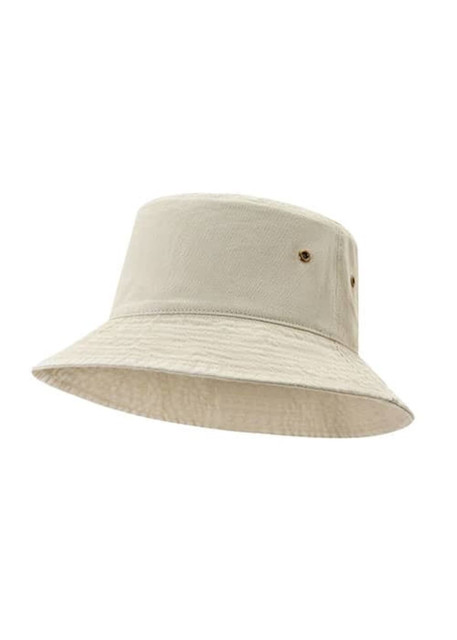 A beige bucket hat made from 280gsm 100% cotton drill with a branding logo and a textured finish.
