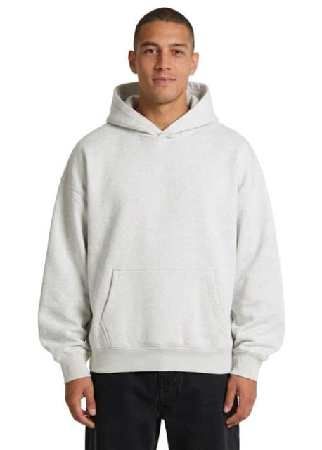 A grey oversized hoodie features a front pocket and a drawstring hood, modelled by a man. It includes a logo.