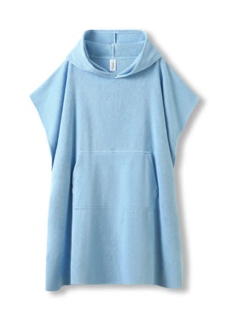 A light blue hooded towel made of 380gsm 100% cotton with a kangaroo pocket and a logo.