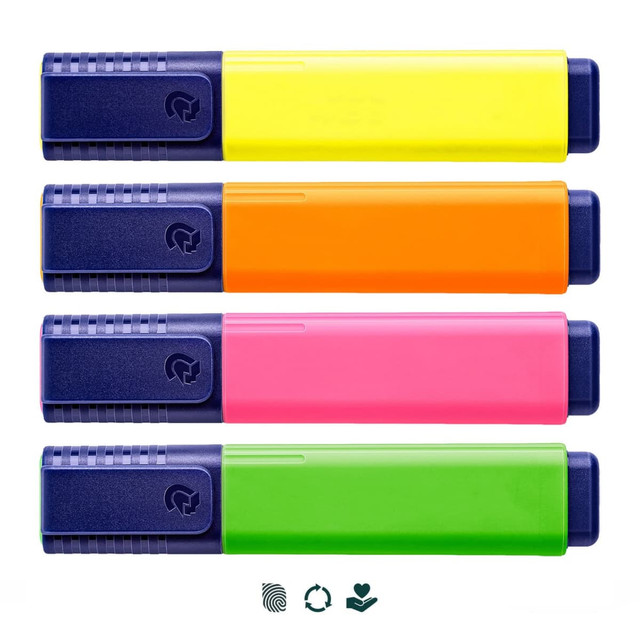 Four highlighters in yellow, orange, pink, and green, each with a dark blue cap and branding on the side.