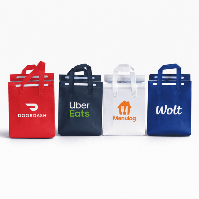 A collection of insulated reusable bags in red, navy, white, and blue, each featuring a logo.