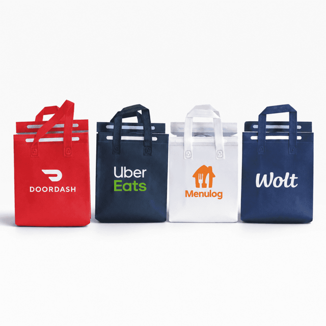 Four insulated reusable bags in red, navy, white, and black, featuring logos on each bag.