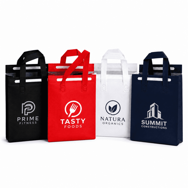 A set of four insulated reusable bags in black, red, white, and navy, each featuring a logo.