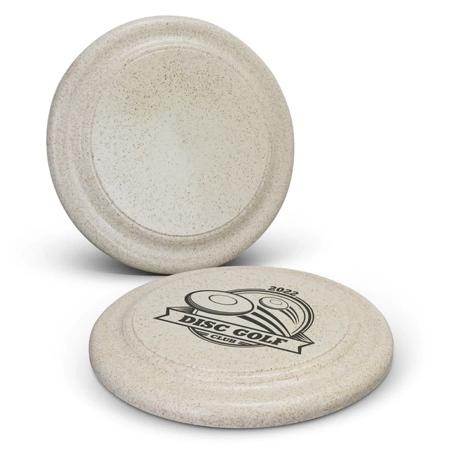 A large cream disc with a textured finish, featuring a disc golf logo and design.