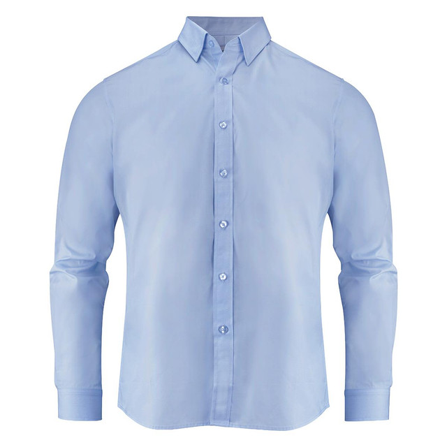 A light blue men's shirt with long sleeves and a button-down front. It features a collar and has a logo on the chest.