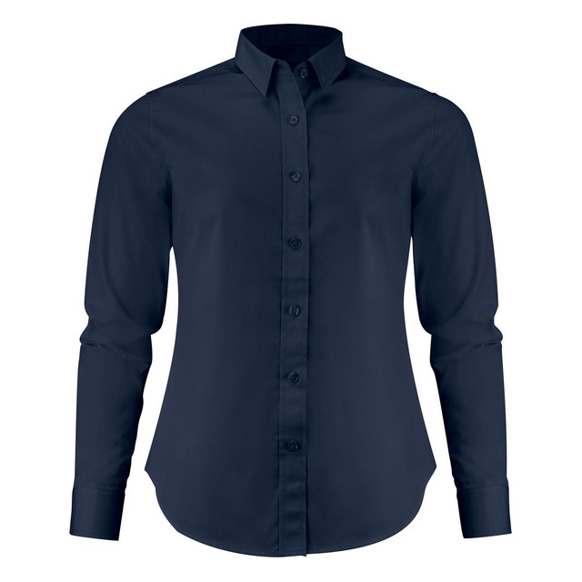 A women's Acton shirt in navy blue with a button-up front and long sleeves. It features a collar and has a logo.