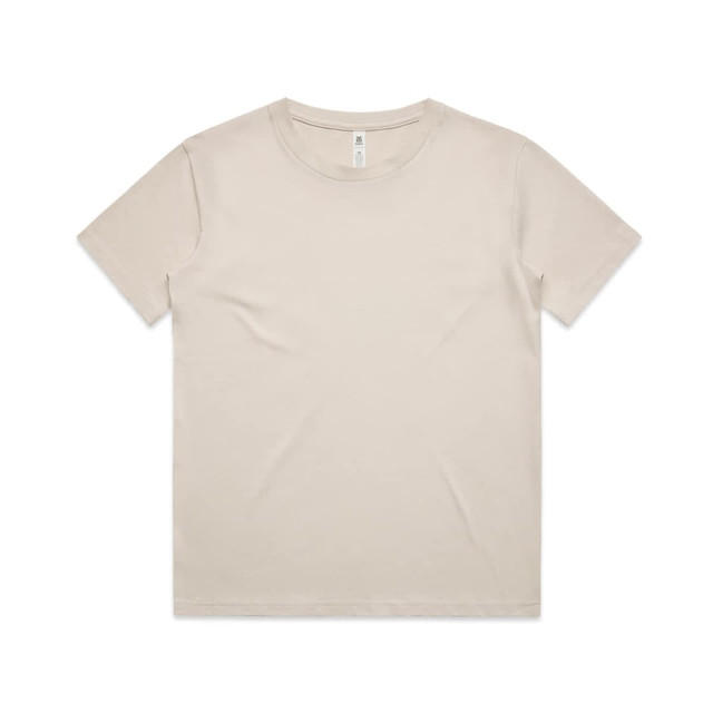 A beige kids' T-shirt featuring a simple design. It includes a brand logo tag on the inside.