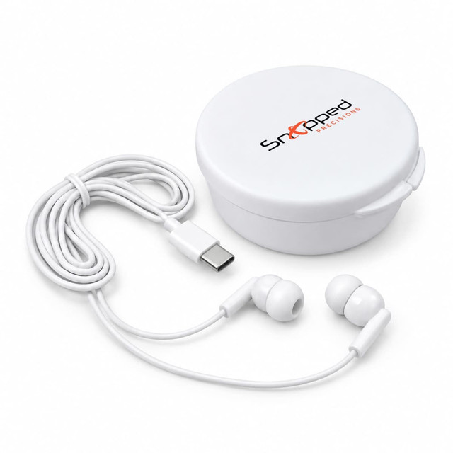 White Type C earbuds with a charging cable, stored in a rounded white case featuring a logo.