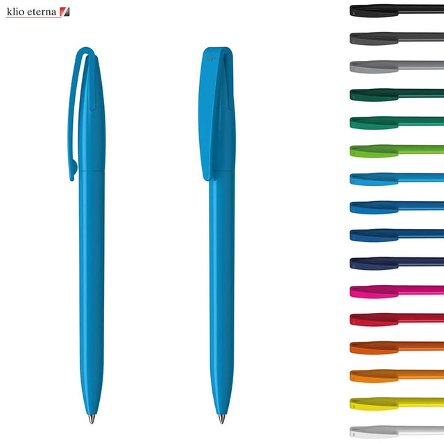A blue plastic pen with a clip, alongside a variety of other coloured pens. Branding present on the pen.