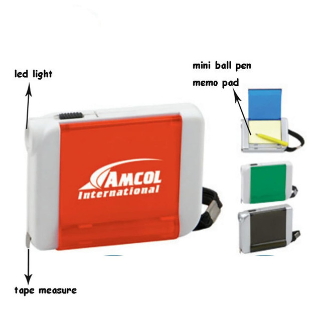 A tape measure with a red and white casing, featuring a mini ball pen and memo pad. It includes a logo and LED light.