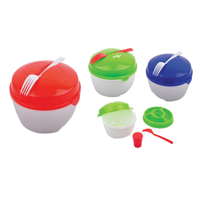 Three lunch boxes in red, green, and blue, each with a lid and fork, featuring an additional container and measuring cup.