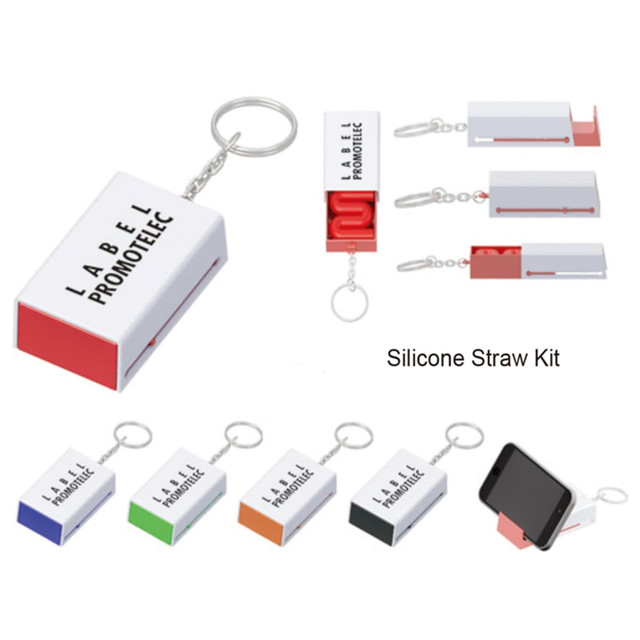 A silicone straw set in various colours with a keychain holder, featuring a branded logo.