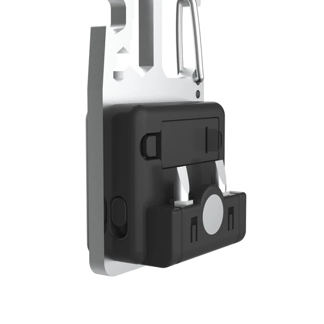 A compact black and silver tool set featuring a keyring attachment, with various tools integrated into the design.