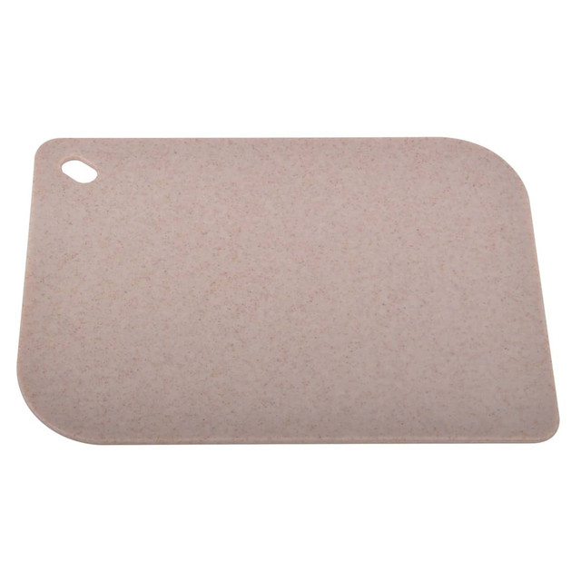 A cutting board in a light beige colour, featuring a rounded corner and a hanging hole for easy storage.
