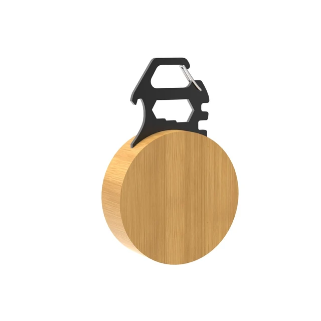 A bamboo keyring tool set with a black multi-tool attachment, featuring a sleek, round design.