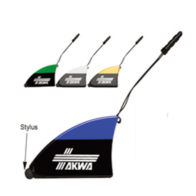 A stylus and screen cleaner in multiple colours: green, white, orange, and blue, with a logo.
