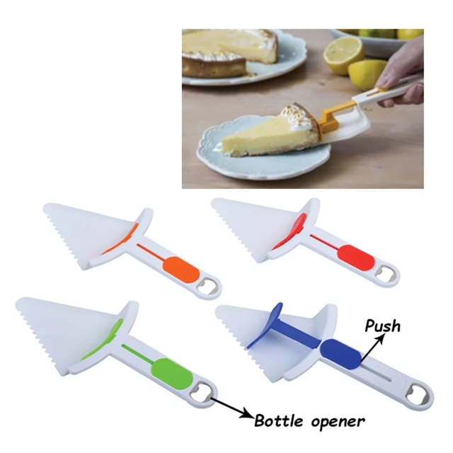 A drink bottle opener in four colours: orange, green, blue, and white, shaped like a pizza cutter. Includes a logo.