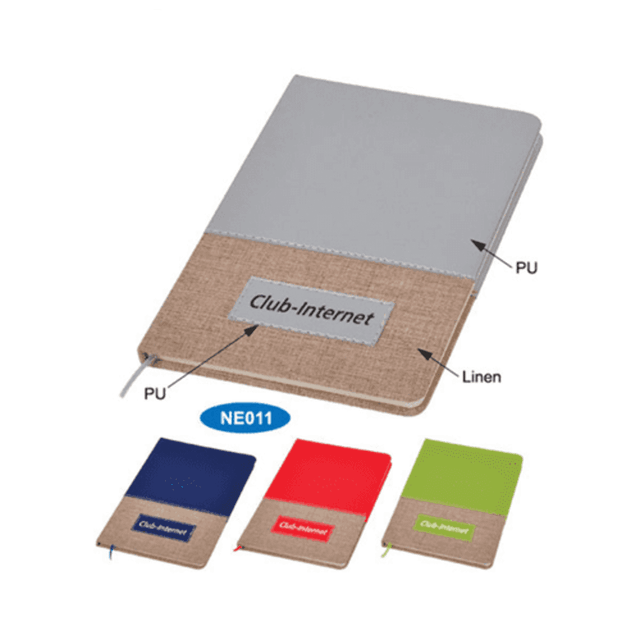 A notebook in grey and linen, featuring a branding logo, available in red, blue, and green options.