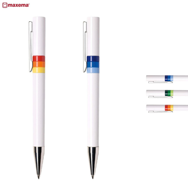 A set of plastic pens in white with multicoloured stripes in red, orange, blue, and green, featuring a silver nib and clip.
