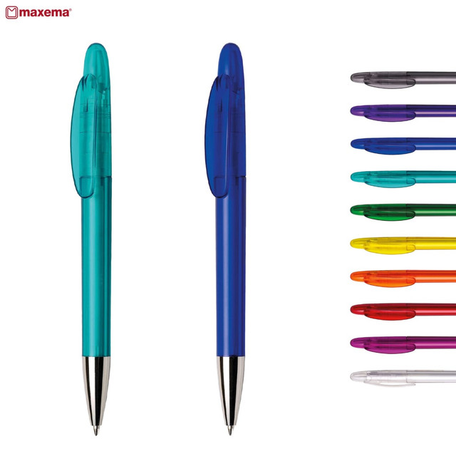 Two plastic pens in turquoise and blue, with a selection of colourful pens arranged alongside. Each pen features a logo.