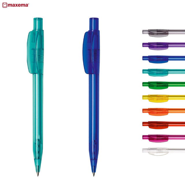 A set of plastic pens in various colours, featuring a transparent body and a visible logo.