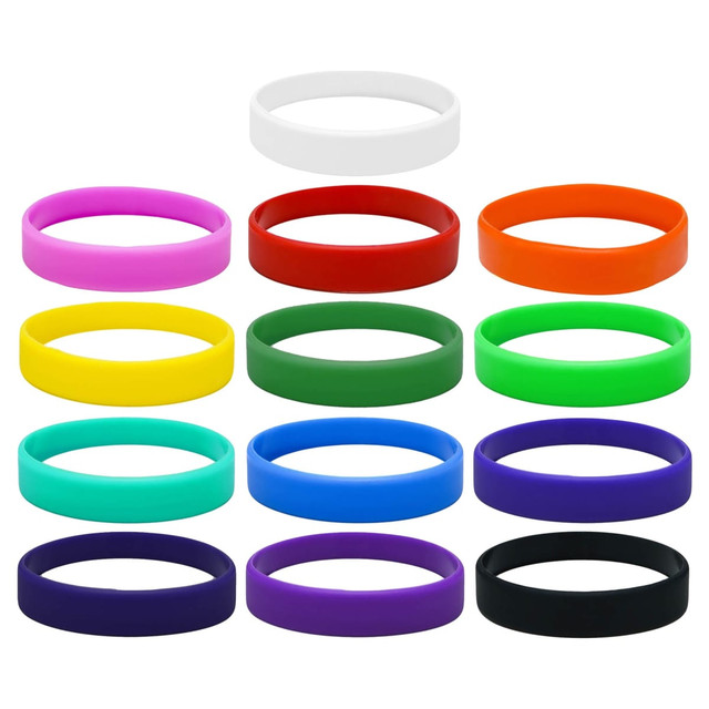 A collection of silicone wristbands in various colours, including white, purple, orange, red, yellow, green, aqua, blue, and black.