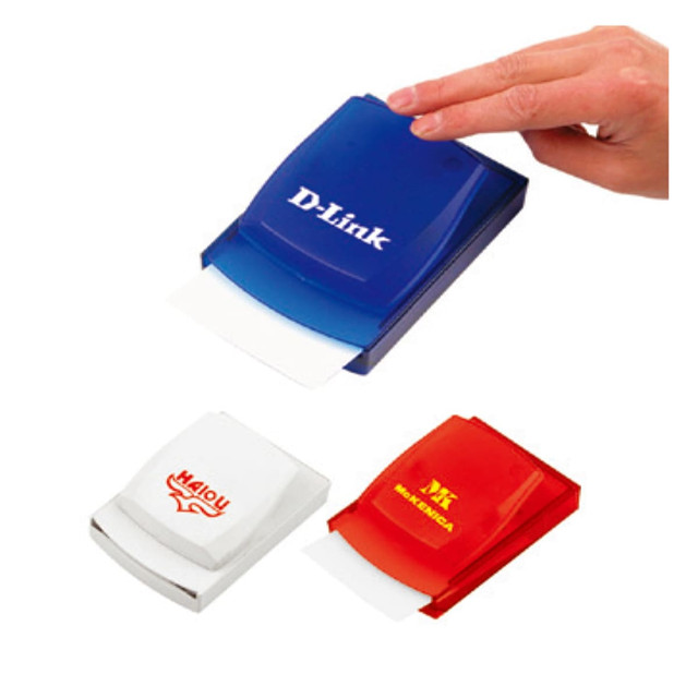 A collection of memo holders in blue, white, and red, showcasing a hand using the blue one. Each has a logo.
