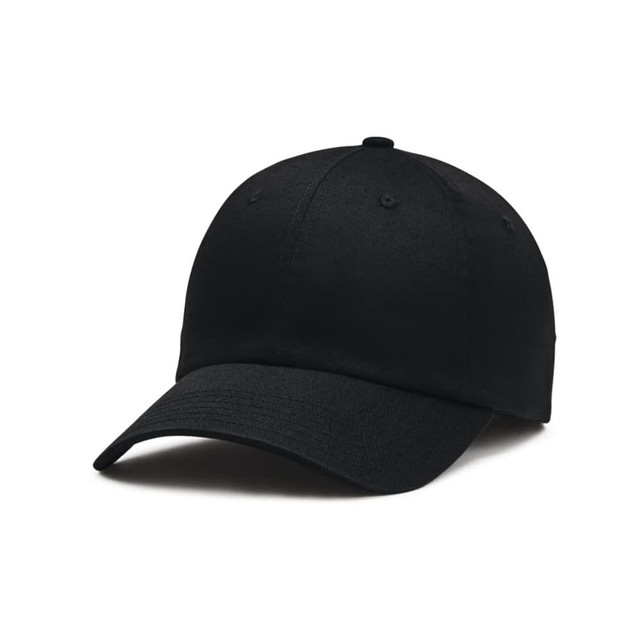 A black adjustable cap with a curved brim and a logo on the front. Suitable for casual wear.