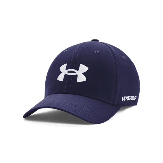 A navy blue cap with a logo, featuring a structured design and curved brim. Ideal for golf or casual wear.