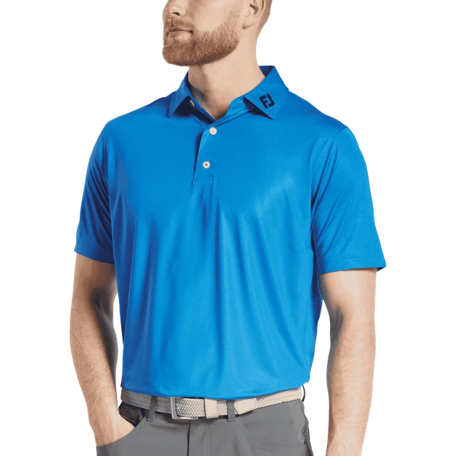 A men's blue polo shirt featuring a tonal dot print and a logo on the collar.