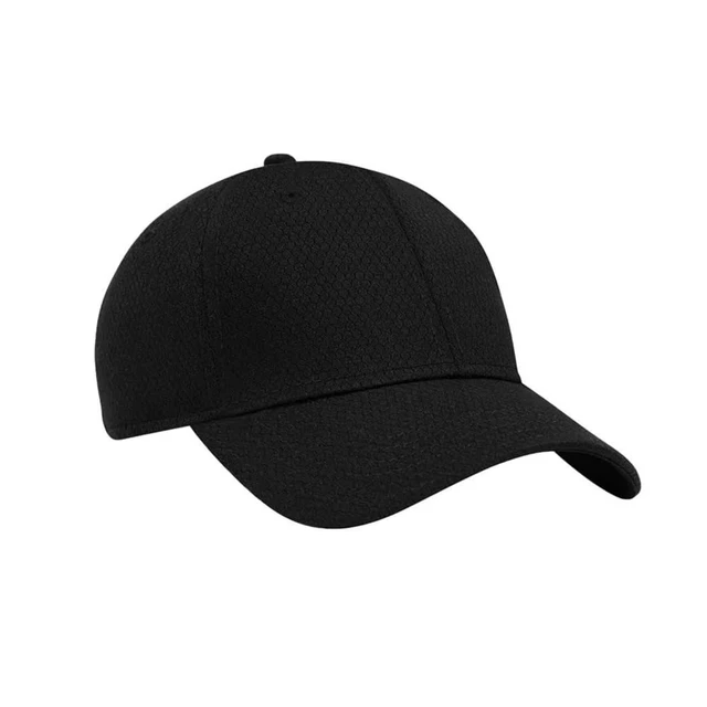 A black cap featuring a textured design and a rounded peak, with a logo on the front.