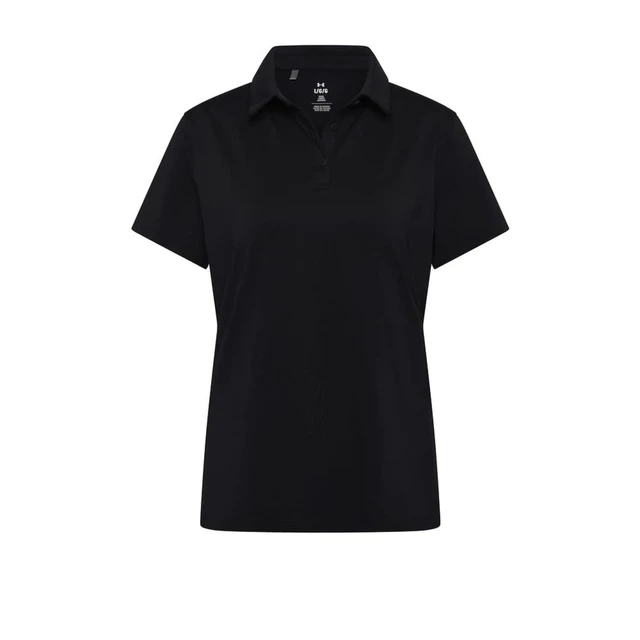 A women's black polo shirt with a collar and short sleeves, featuring a logo on the chest.
