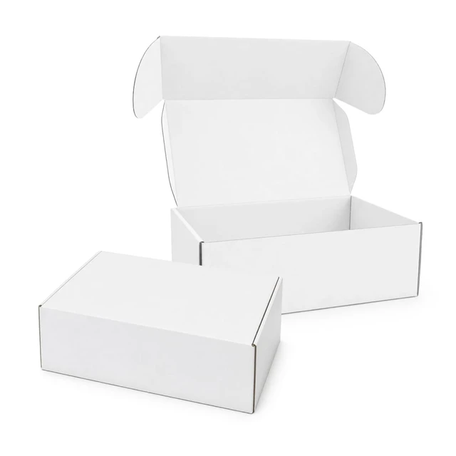 A white custom box with a locking lid, featuring an open lid and a smaller box beside it.